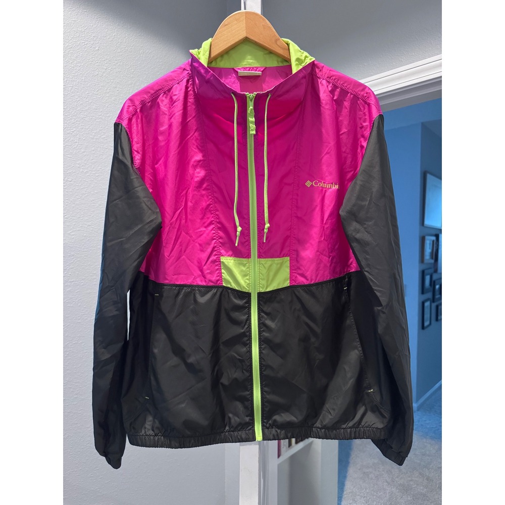Vintage 90s Columbia Flashback Windbreaker Jacket L Pink Black Neon Colorblock